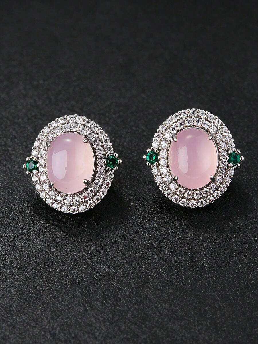 1 Pair New Fresh Cute Sweet Pink Cubic Zirconia Oval Stud Earrings Suitable For Women's Daily Wear - Silver - View 1