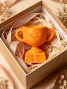 1 Mini Cute Smiling Face Trophy - Novelty Gift Printed With "You're Awesome" - Collectible Figurine For Desks, Offices And Positive Encouragement - Orange - View 1