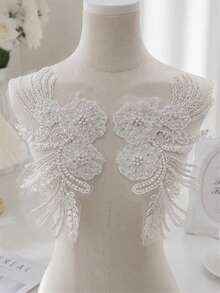 2pcs/Set White Pair Beaded Floral Lace Shoulder Applique, Sheer Tulle Flower Feather Patch, Sew On Decorative Motif For Wedding Dress Bridal Outfit - White - View 6