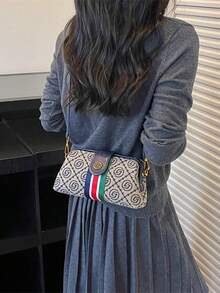 Vintage Jacquard Doctor Bag With Contrast Color Webbing, Magnetic Closure Small Square Crossbody Bag With Adjustable Shoulder Strap For Commute - Blue - View 5