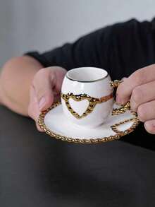 European Luxury White Ceramic Espresso Cup & Saucer Set, 100ml Small Capacity Gold Bead Handle Hollow Heart Design Mini Italian Coffee Cup, Elegant Afternoon Tea Tableware, Gift Choice For Women - Multicolor - View 8
