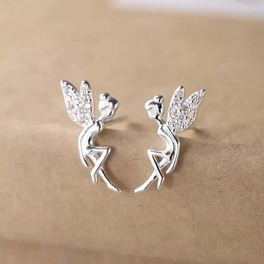 1pc Exquisite Women's Jewelry Little Angel Fairy Stud Earrings S925 Sterling Silver Minimalist Fashion Versatile Luxury Style Niche High-End Earrings Suitable For Daily Wear - #1 - View 1