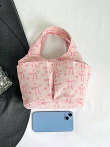 女款蝴蝶結印花托特包，休閒輕便托特包附前口袋，便攜式午餐包，適合上班與日常使用，白黑波點圖案 - B - 查看 4