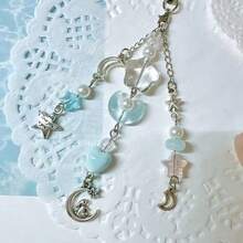 1pc Light Blue Moon Star Rabbit Multi-Tassel Phone Bag Charm Transparent Resin Heart Flower Faux Pearl Silver Metal Chain Spring Clasp Dangle Pendant Decor For Cellphone Backpack Keychain Coquette Fairycore Birthday Small Gift For Girls Women - Multicolor - View 7