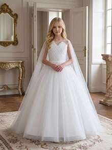 Tween Girls Long Beaded Tulle Flower Girl Dress, Suitable For Birthday Party, Faux Pearl Randomly Studded, No Headband Included - White - View 1