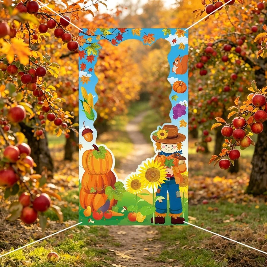 秋季收穫鏤空背景布,含楓葉、秋季水果、蔬菜與稻草人圖案,感恩節主題橫幅背景拍照道具,無需用電 - 1 - 查看 1