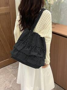 Dedoo Women's Polka Dot Print Ruffle Drawstring Tote Shoulder Bag, Korean Style Daily Student Handbag, Large Capacity Campus Backpack, Suitable For University Campus - Black - View 4