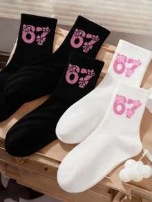 1/5/10 Pairs Women's New Cartoon Viral Number 67 Mid-Calf Socks, Cute Sweet Bowknot, Solid Color Casual Versatile, Suitable For All Seasons - Multicolor - View 1