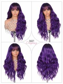 Purple Wig With Bangs Long Purple Wavy Wigs For Women 26 Inch Dark Purple Wigs Natural Looking Heat Resistant Synthetic Wig For Daily Party Halloween Use - Purple - View 6