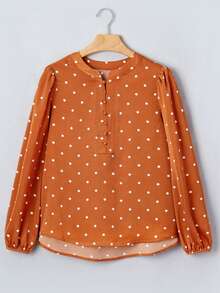 Acelitt Women's Casual Polka Dot Half-Button Puff Sleeve Long Sleeve Top, Suitable For Spring/Autumn Vacation - Brown - View 3