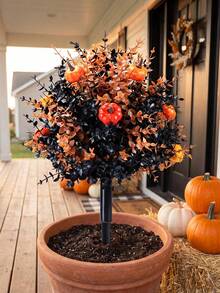 Halloween Pumpkin Eucalyptus Yard Stake Decor, Autumn Artificial Greenery Pumpkin Ground Stake Ornament, Spooky Outdoor Porch Lawn Garden Decoration, Halloween Trick Or Treat Party Harvest Home Front Yard Decor Gift - A - View 3
