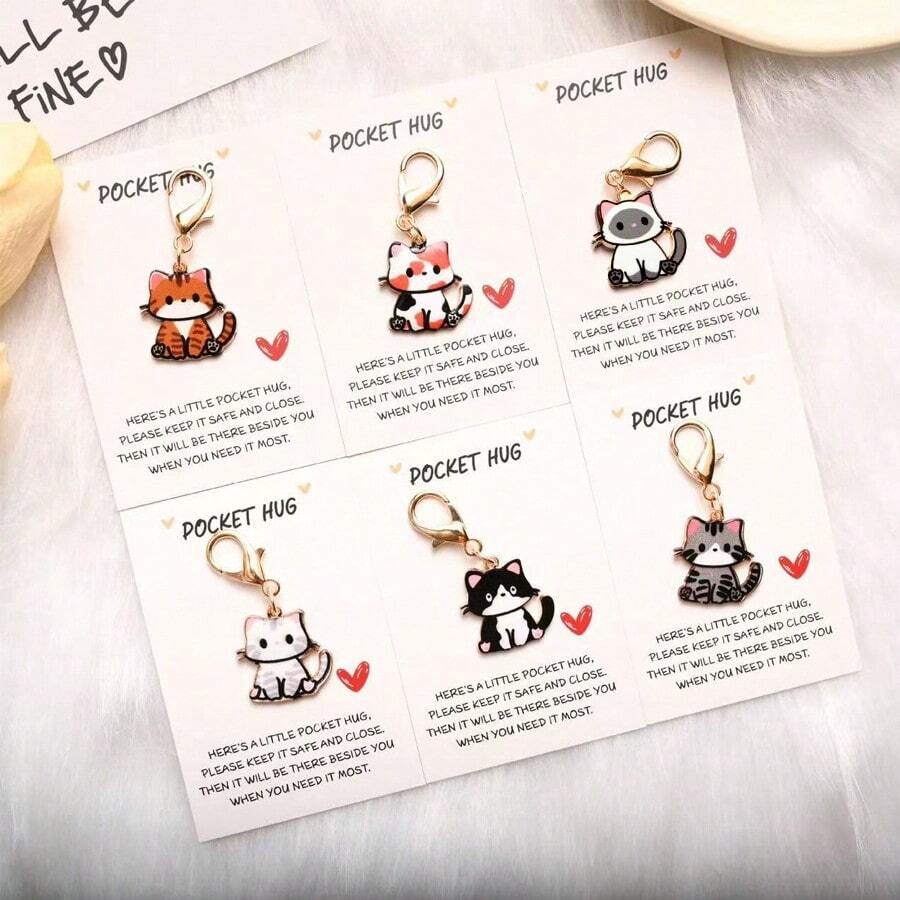 1pc/6pcs Elegant Cat & Daisy Keychain - Women's Fashion Festival & Party Accessory, Animal & Plant Themed Design With Inspirational Card, Creative Phone Charm, Suitable For Backpacks And Car Keys, Daily Item - Multicolor - View 1