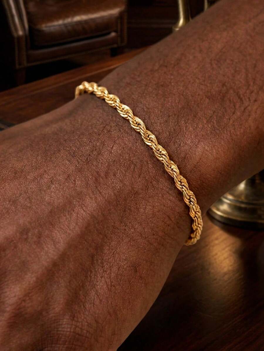 1 pulsera para hombre con cadena de cuerda retorcida minimalista y deportivo hecha de acero inoxidable bañado en oro de 18 quilates, adecuado para usar en hip-hop y street dance - Dorado - Ver 1