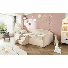 Upholstered Children's Bed 90*190cm, Multifunctional Bed With Steps And Safety Rails - Beige - View 3