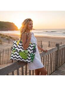 Pomelo Best 35L Polyester Large Beach Bag Solid Black Tropical Wavy Floral Flip Flop Print 9 Compartments Waterproof Sandproof Travel Shoulder Handbag - Multicolor - View 10
