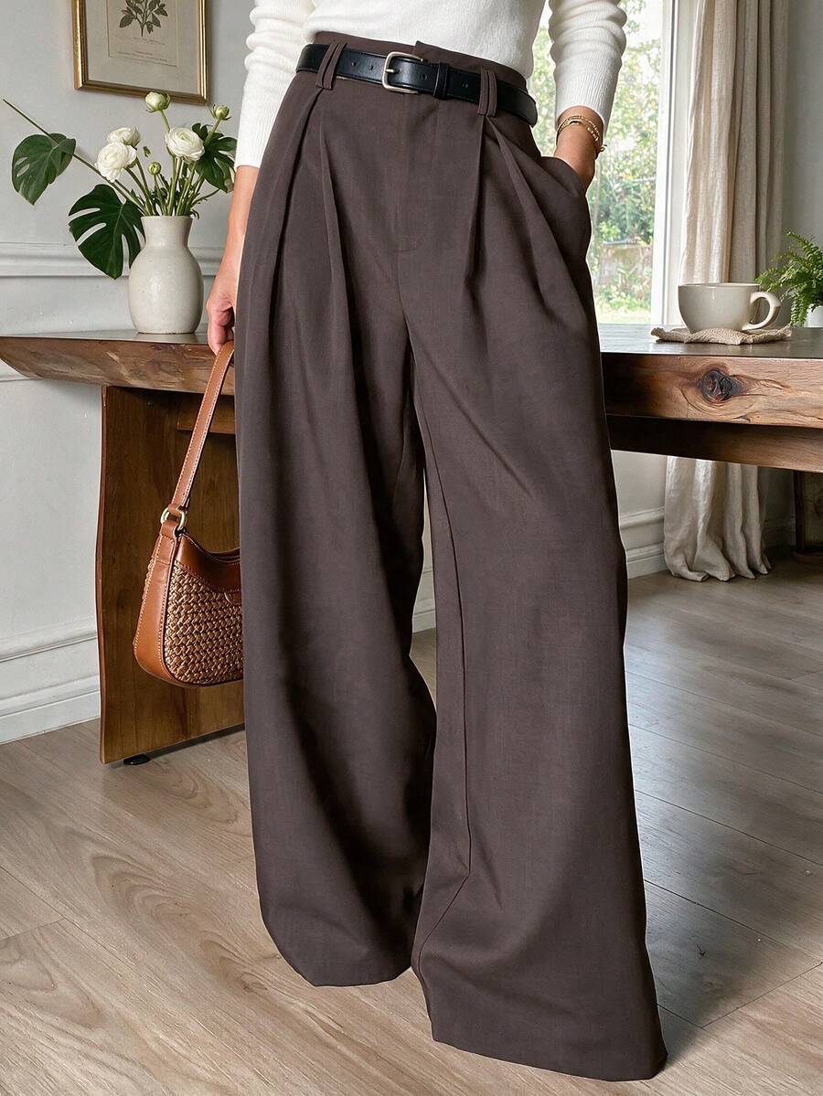 Women's Elegant Brown Woven Wide Leg Pants, Pleated Design, Long Cut, Non-Stretch Fabric, Loose And Comfortable - Rust Brown - View 1