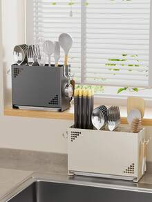 Wall-Mounted Kitchen Utensil Storage Rack (No Drilling Required), Detachable Draining Chopstick Holder, Hanging Kitchen Utensil Storage Basket, Multi-Functional Wall-Mounted Spoon And Fork Storage Rack, Kitchen Tool Draining Basket - Multicolor - View 10