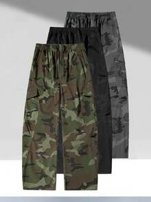 Men's Camouflage Wide Leg Cargo Pants, Drawstring Elastic Waistband Multi-Pocket Loose Streetwear Casual Long Pants, Suitable For Daily Wear - Army Green - View 1
