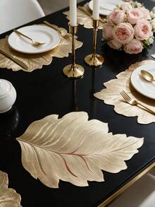 12pcs Gold Rectangular Leaf PVC Placemats, Waterproof & Oil-Proof Western Table Mats, Washable & Odorless Tableware Pads, Non-Slip Table Decor Mats, Suitable For Restaurant, Cafe, Homestay, Holiday, Party, Gathering, Birthday, Wedding, Dinner - Multicolor - View 9