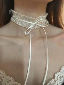新款法式雙層蕾絲蝴蝶結鎖骨項鍊，甜美女孩風女款頸鍊 - 彈性蕾絲 - 查看 2