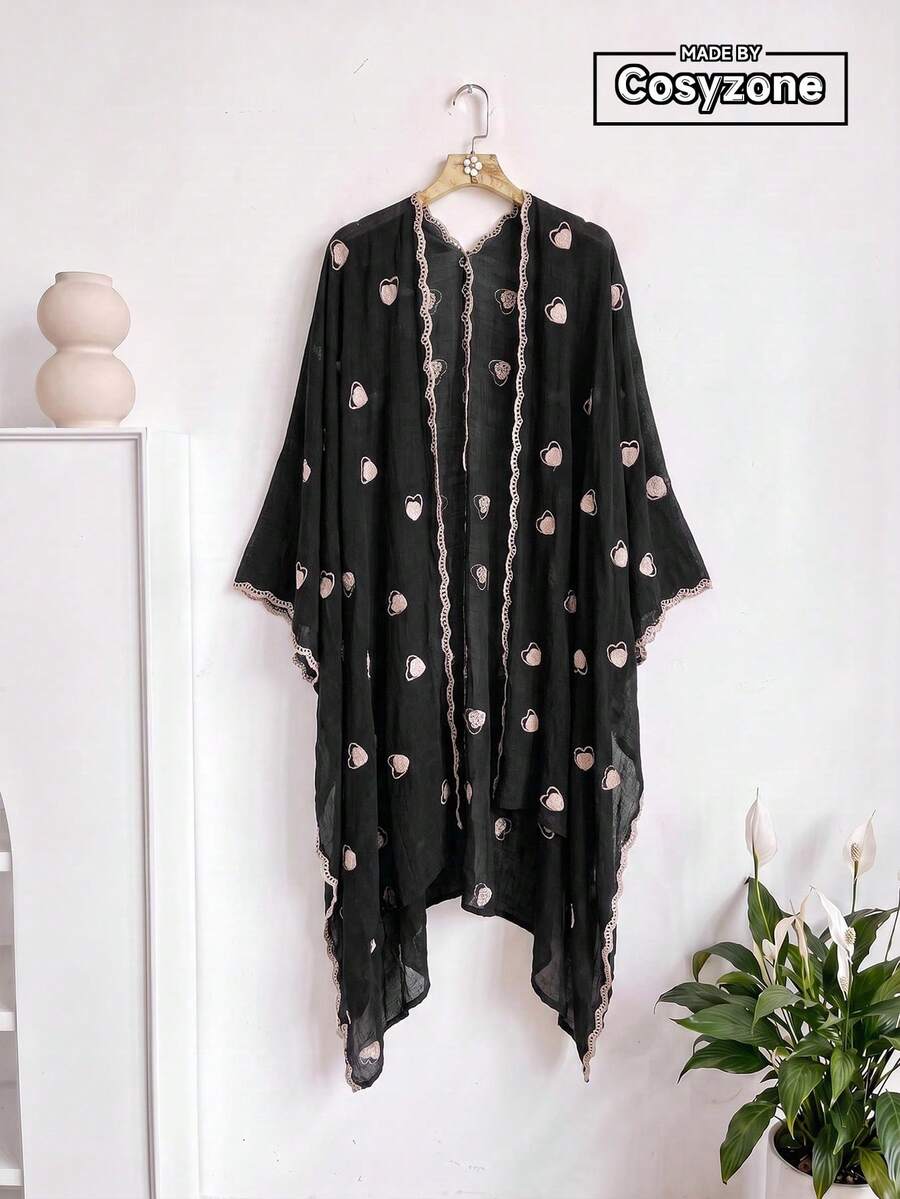 1pc Minimalist Heart Pattern Embroidered Split Shawl Kimono Sarong For Women, Bohemian Style Spring/Summer Beach Vacation Sun Protection Decorative Embroidered Cardigan, Suitable For Daily Wear, Perfect Gift Choice - Black - View 1