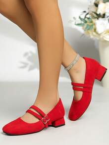 GraceSoon 2026 Elegant Summer Women's High Heel Pumps, Khaki Square Toe 3CM Chunky Heel Mary Jane Shoes, Comfortable Versatile, Suitable For Shopping, Dating, Party, Banquet, Valentine's Day - Red - View 4