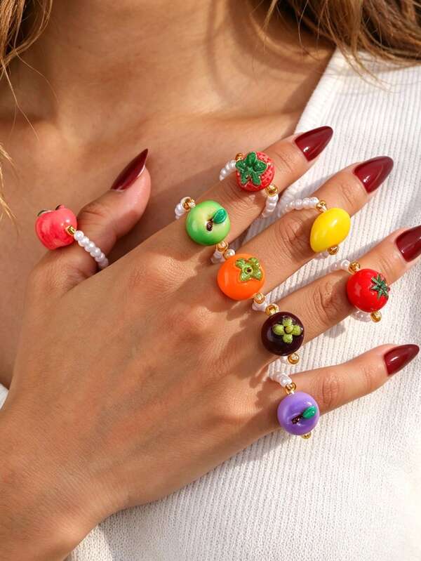 1pc Bohemian Style Y2K Creative Fashion Elegant Exquisite Personalized Design Fruit Series 3D Resin Apple/Persimmon/Blueberry/Tomato/Mangosteen/Strawberry/Mango Faux Pearl Beaded Elastic Ring, Jewelry Gift For Women, Sisters, Couples, Prom/Graduation Ceremony, Suitable For Daily Wear, Date, Party, Holiday, Summer Beach Vacation