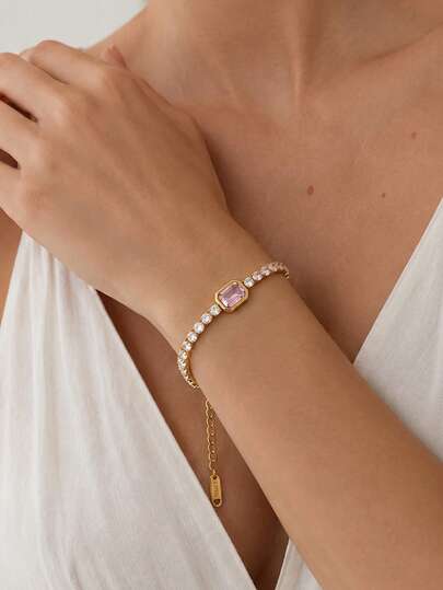 Women Polished Rectangular Inlay Chain Bracelet, Minimal Stackable Metal Wrist Band, Elegant Daily Evening Jewelry Gift For Ladies,Bracelets For Women