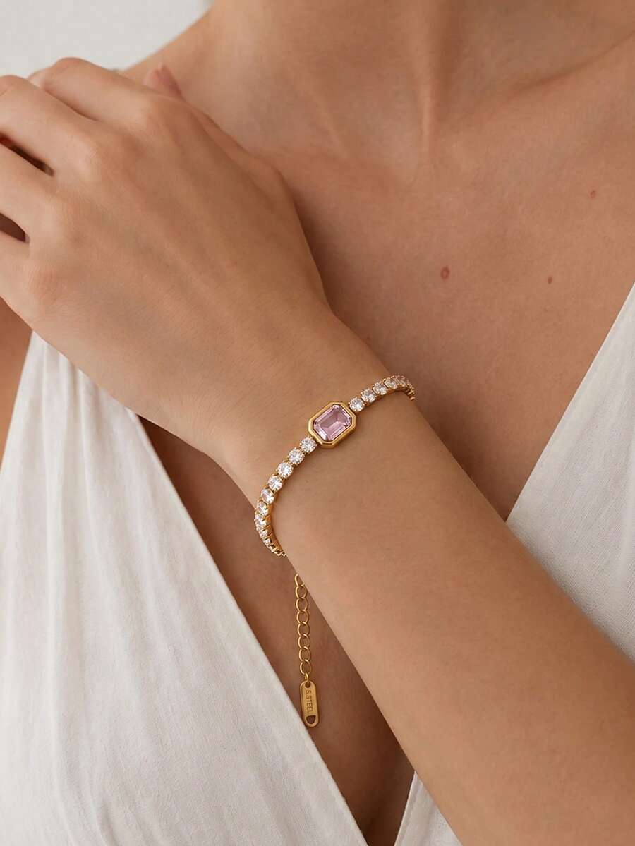 Women Polished Rectangular Inlay Chain Bracelet, Minimal Stackable Metal Wrist Band, Elegant Daily Evening Jewelry Gift For Ladies,Bracelets For Women
