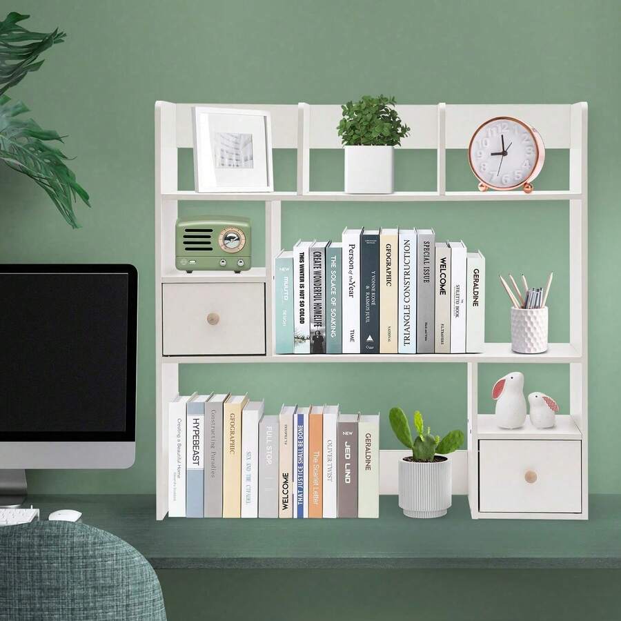 Leeamhome 9 Compartment Desktop Bookshelf White Veneer MDF Plywood Tabletop Storage Rack For Home Office Study Organization - white - View 1
