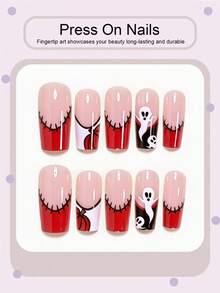 24pcs Medium-Long Square Press-On False Nails, Nude Pink Manicure Stickers, Orange French Tip Ghost Pumpkin Halloween Dark Gothic Style Full Coverage Nail Tips For Women And Girls, Suitable For Dating, Shopping, Parties, Etc., Includes 1pc Jelly Glue And 1pc Mini Nail File, Jelly Glue Randomly Sent - Multicolor - View 2