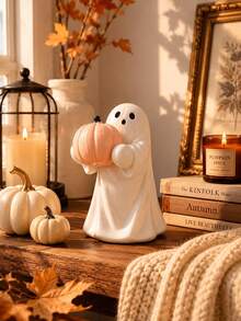 1Pc Cute Pumpkin Ghost Figurine, Autumn Bookshelf Ornament, Soft Spooky Home Decor For Coffee Bar, Tiered Tray & Fireplace Display - Multicolor - View 3
