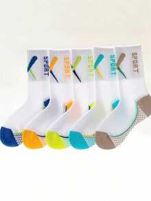5 pares de calcetines deportivos para niños, transpirables y absorbentes de sudor, de malla hasta la pantorrilla, con diseño de letras de moda, calcetines para niños, calcetines de running y baloncesto para jóvenes, calcetines atléticos - Multicolor - Ver 7