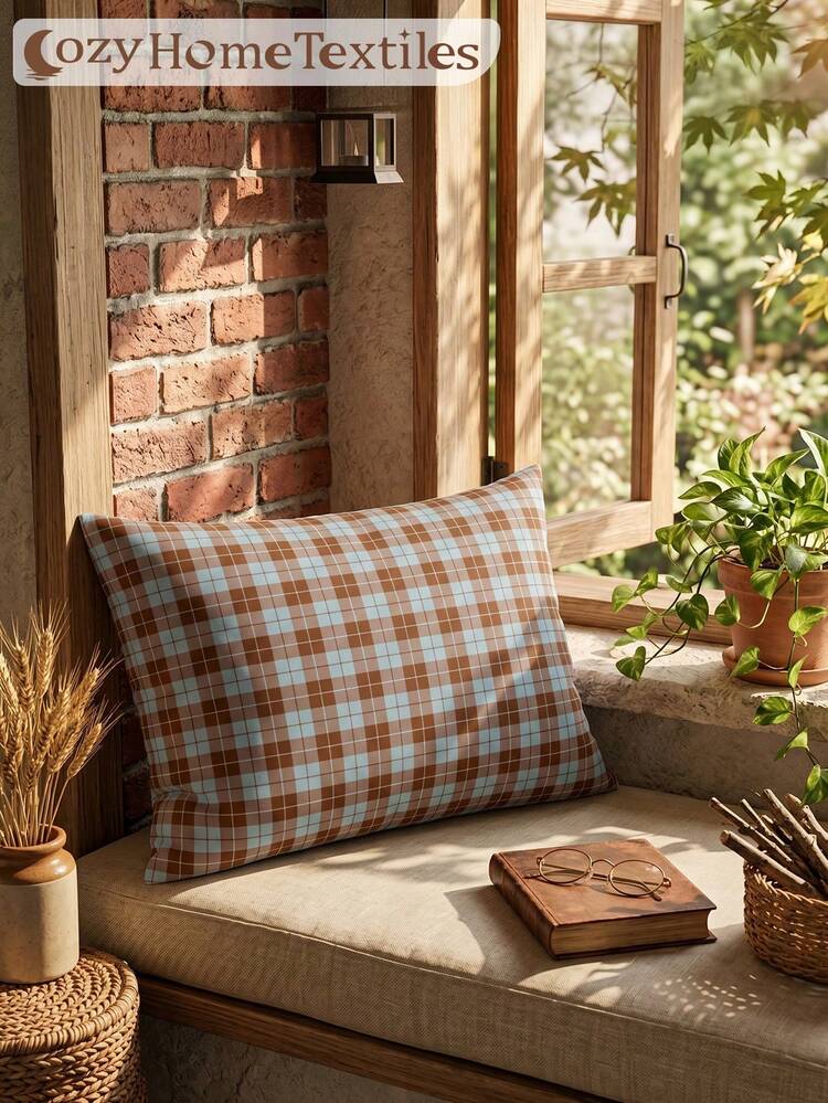 1/2pcs Brown Plaid Print Pillowcase (No Filling), Soft Skin-Friendly Fabric, Comfortable And Breathable, Machine Washable, Suitable For Living Room, Bedroom, Room Decor, Dorm Bedding, Home Textiles, Standard/Queen/King Size, All Seasons - Multicolor - View 6