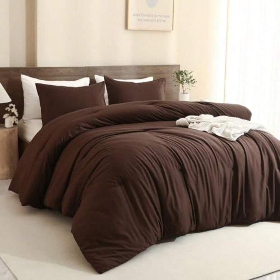 Free Shipping Earthy Brown Comforter Queen Size, Neutral 3 Pieces Comforter Set, Lightweight Solid Bedding Set, All Seasons Soft Fluffy Queen Comforter Set (90x90In Comforter And 2 Pillowcases) - Brown - View 1
