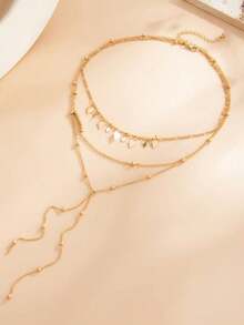 1 Set Exquisite Luxury Gold Rhombus Metal Plate Beaded Tassel Necklace, Suitable For Women's Daily Commute, Party, Evening Banquet, Holiday Gift - Gold - View 5