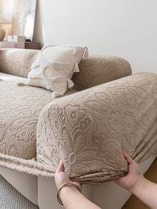 1pc Jacquard Solid Color Elastic All-In-One Sofa Cover, Minimalist Pet-Friendly Anti-Slip Anti-Scratch, Suitable For All Seasons, Machine Washable, Holiday Home Decor Dust-Proof Sofa Slipcover - Khaki - View 8