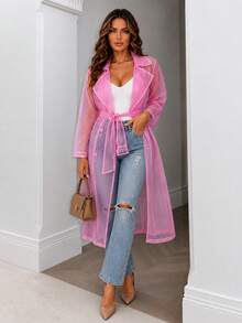 ChicMe Women's Sheer Mesh Long Sleeve Tie Front Button Down Long Trench Coat, Outdoor Wear - Baby Pink - View 3