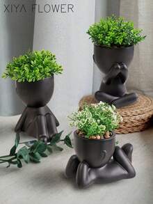 1/3pcs Artificial Succulent Plants, Single Small Human-Shaped Succulent Potted Plant, 3 Styles Available, Black Pot, Cartoon Design, PP Material, PE Material, Green, Desktop Decoration, Home Decor, Garden Decoration, School, Valentine's Day Gift, Dorm, Office Decoration - Black - View 6
