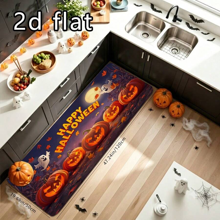 1件裝萬聖節紫色背景秋葉3D南瓜幽靈印花防滑廚房地墊，防水防油簡約節日腳墊，滿月落楓葉HAPPY HALLOWEEN 3D文字，可機洗，適用於廚房、玄關、浴室，四季通用