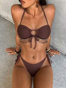 2026 Ultima Moda Abbigliamento da Spiaggia Sexy Elegante Stile Influencer Decorazione con Nappine Bohémien Bikini a Due Pezzi con Spacco Stile Vacanza Set Costume da Bagno Donna Estate - Marrone rossastro - Visualizzare 6