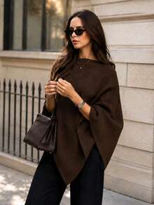 Damen Herbst/Winter minimalistisches bequemes Cape Top, elegantes hochwertiges lockeres Strick Cape, geeignet für Schulanfang, Büro Alltagskleidung Braun Herbst - Braun - Übersicht 1