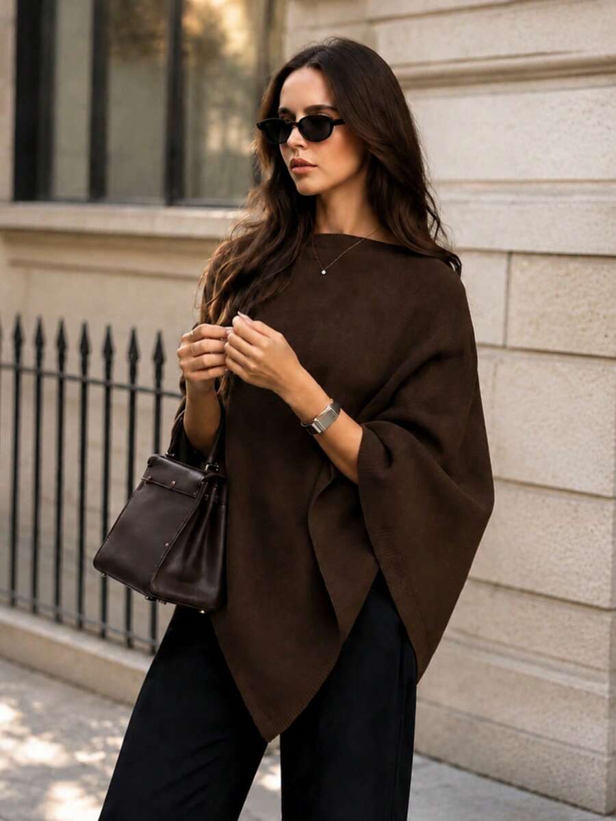 Damen Herbst/Winter minimalistisches bequemes Cape Top, elegantes hochwertiges lockeres Strick Cape, geeignet für Schulanfang, Büro Alltagskleidung Braun Herbst - Braun - Übersicht 1