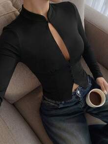 abyoxi Blouse courte pour femme, col montant à boutons grenouille, décolleté en V profond ajouré, décoration de boutons devant, coupe slim avec taille cintrée, manches longues, style jeune, sexy et élégant, pour le travail, les trajets, les rendez-vous, les dîners formels, été et automne - Noir - Voir 4