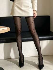 1 Pair Women's Love Design Jacquard Hosiery 20D Light Transparent Stretch Tights, Fashionable And Sexy Holiday Party Wear - Black - View 1