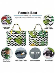 Pomelo Best 35L Polyester Large Beach Bag Solid Black Tropical Wavy Floral Flip Flop Print 9 Compartments Waterproof Sandproof Travel Shoulder Handbag - Multicolor - View 2