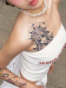 Semi-Permanent Dark Sweet Cool Girl Pattern Tattoo Sticker, Party Holiday DIY Gift, 1-2 Weeks No Fading, Non-Reflective, Arm Chest Leg Temporary Waterproof Tattoo Sticker, 1pc/Pack - Blue - View 2