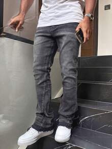 Men's Retro Washed Stretch Slim Flared Jeans, Casual Street Fashion Design, Suitable For All Seasons - Grey - View 1
