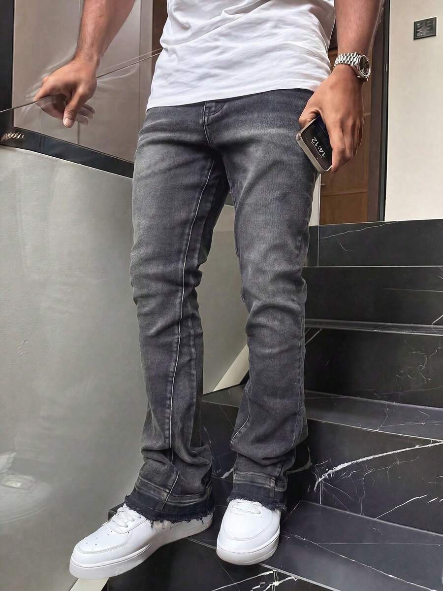 Men's Retro Washed Stretch Slim Flared Jeans, Casual Street Fashion Design, Suitable For All Seasons - Grey - View 1
