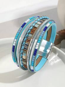 1pc Bohemian Style Purple & Pink Multi-Layer Leather Colorful Beaded Woven Magnetic Clasp Bracelet, Suitable For Women's Daily Commute Wear - Purple - View 7